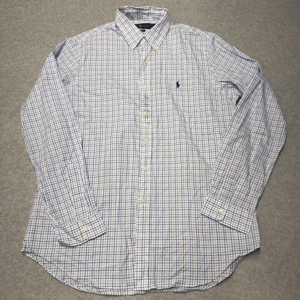 Ralph Lauren Dress Shirt Mens Large White Blue Check Classic Fit Long Sleeve